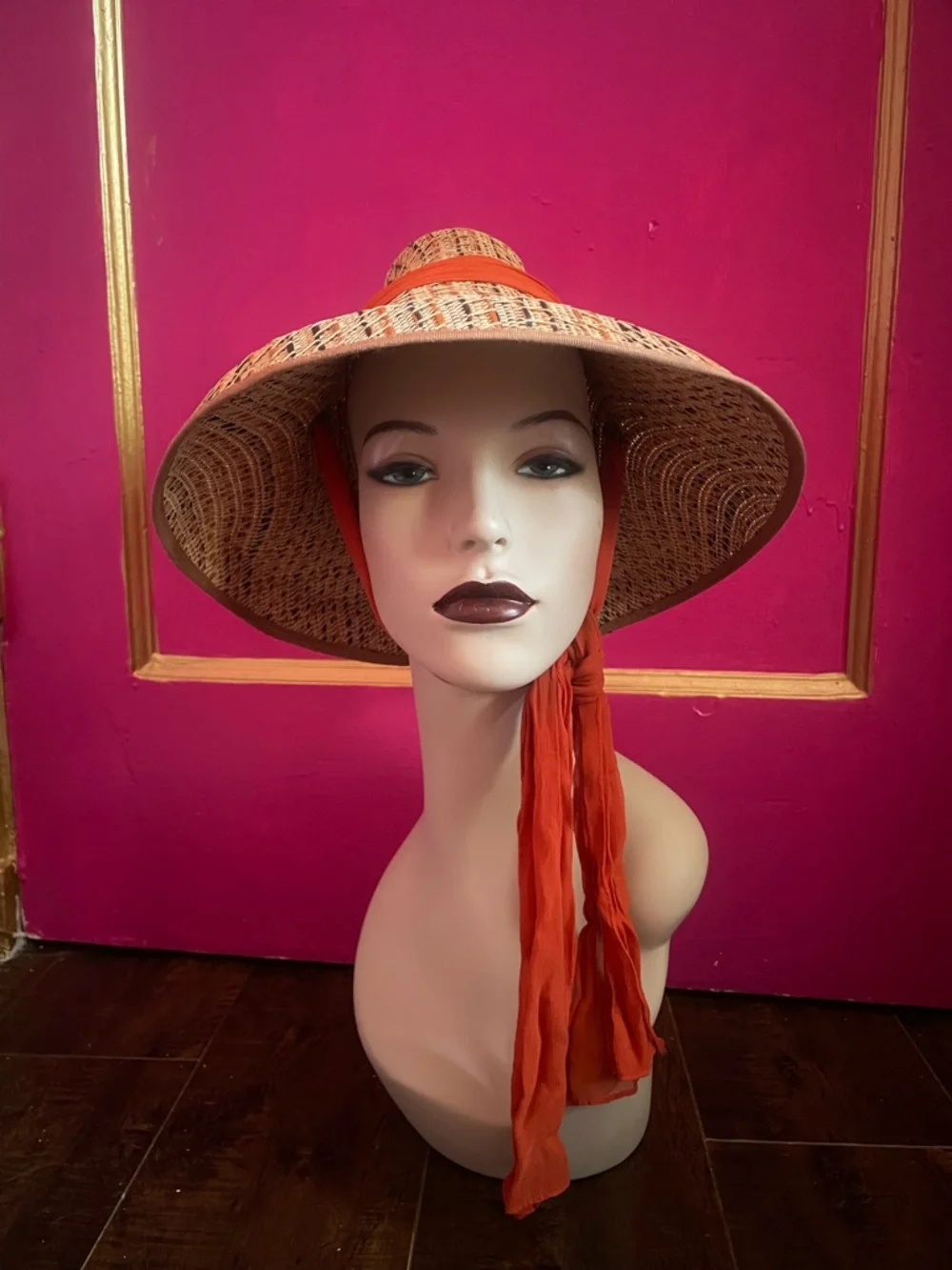 Vintage 1950’s Straw Sun Hat with Orange chiffon ribbon and Cherry Accent